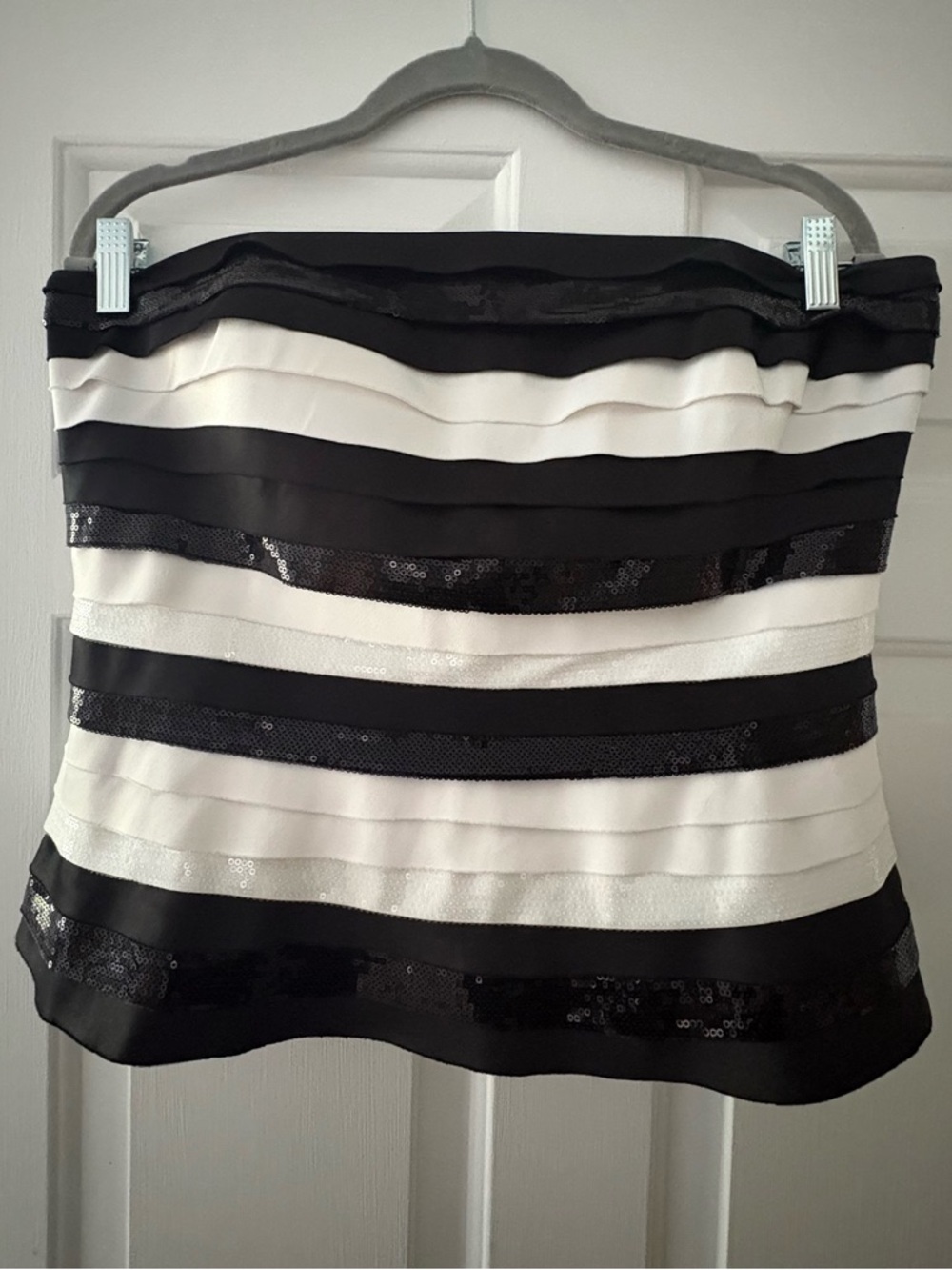 White House Black Market Black/White/Ivory Stripe Satin Sequin Bustier Top Sz 14
